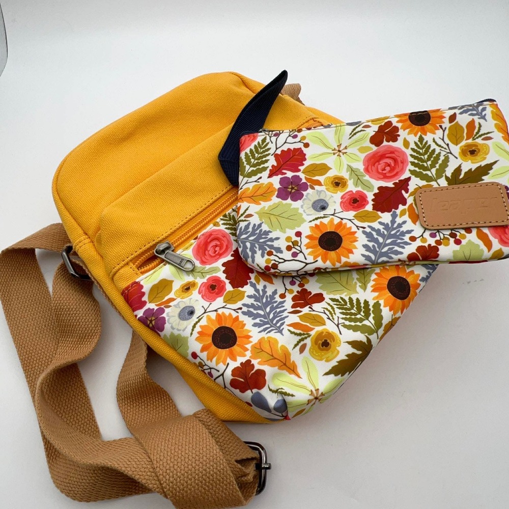 Leaper Mustard Yellow Floral Canvas Crossbody Bag & Makeup‎ Bag NWT